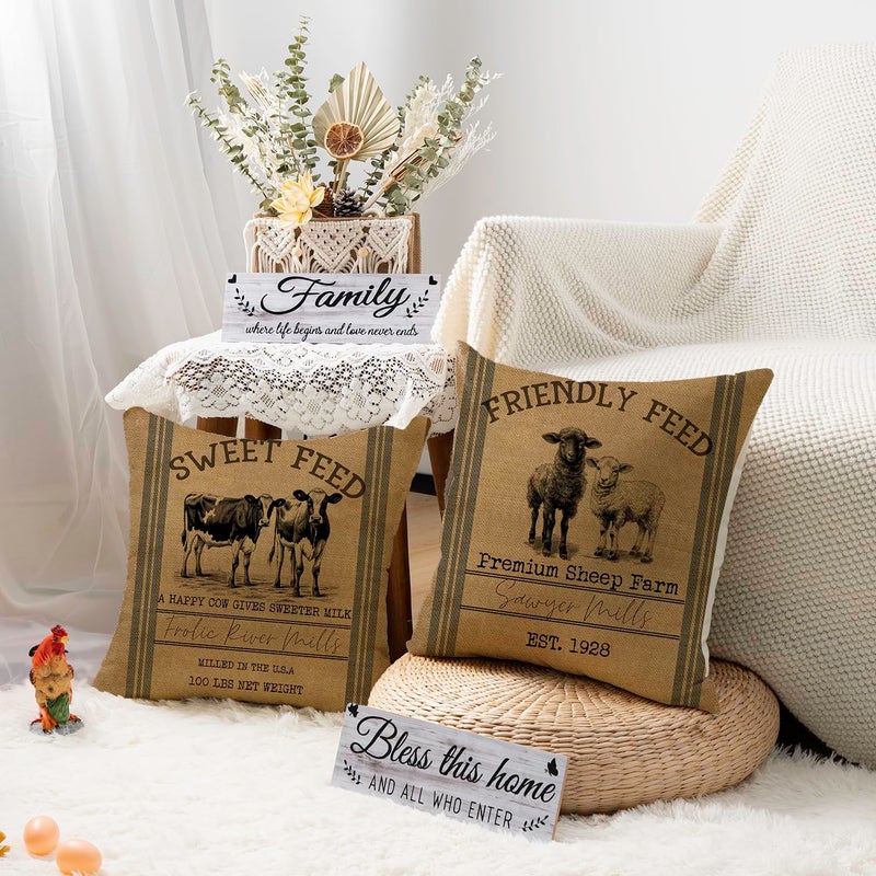 Faromily Vintage Farmhouse Animal Pillow Covers 18x18 Set of 4 Premium Farm Rooster Pig Sheep Cow Poultry Feed Home Décor Throw Pillow Case Cushion Cover for Sofa F163-18 - Image 4